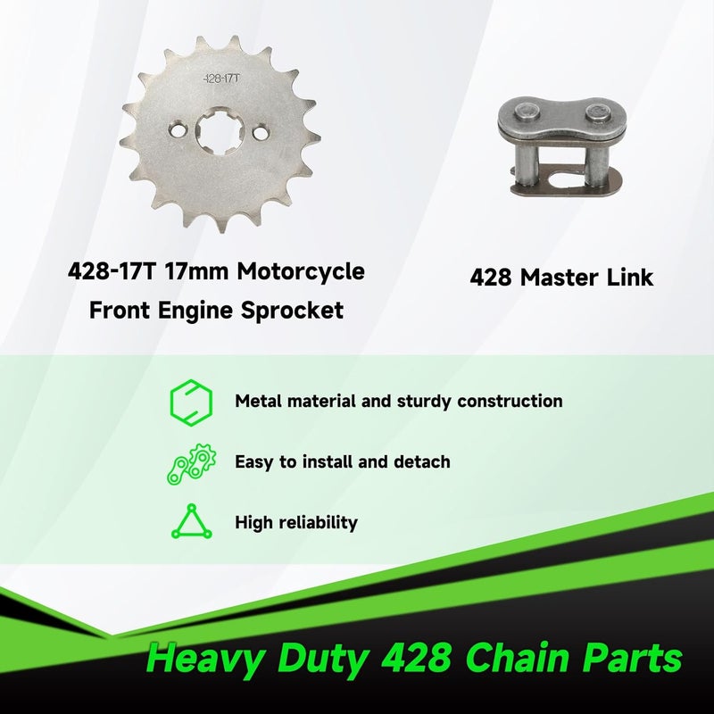 XIKOBY 428 Drive Chain 102 Links with 17T Front Engine Sprocket Compatible with 110cc 125cc 50cc 90cc CRF50 XR50 YZ80 TTR Tao tao Coolster Pit Dirt Bike Vitacci Kazuma ATV Quad 4 Wheeler Go Kart Parts - Image 3